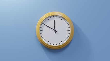 Glossy orange clock on a blue wall at ten to zero. Time is 11:50 or 23:50