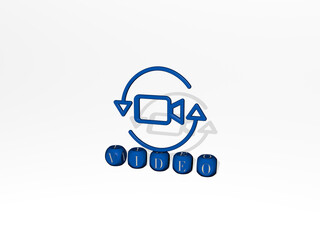 3D illustration of video graphics and text made by metallic dice letters for the related meanings of the concept and presentations. background and camera