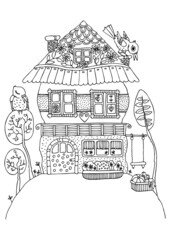 Fairytale house for children. Scene with toys and swing. Hand drawn sketch for anti-stress adult coloring book in zentangle style. Vector illustration for coloring page.