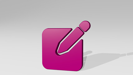 pencil write made by 3D illustration of a shiny metallic sculpture with the shadow on light background. drawing and design