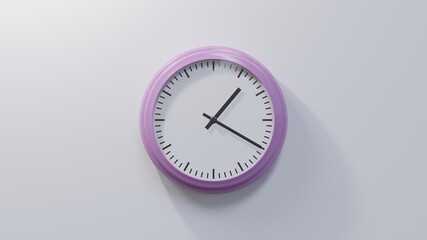 Glossy pink clock on a white wall at twenty past one. Time is 01:20 or 13:20