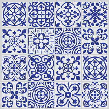 Floral texture in blue and white. Geometric Ceramic Design Tile. Vintage Illustration background.