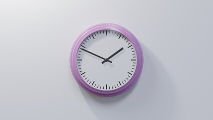 Glossy pink clock on a white wall at forty-nine past one. Time is 01:49 or 13:49