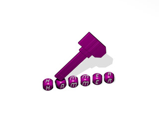 3D illustration of hammer graphics and text made by metallic dice letters for the related meanings of the concept and presentations. background and construction