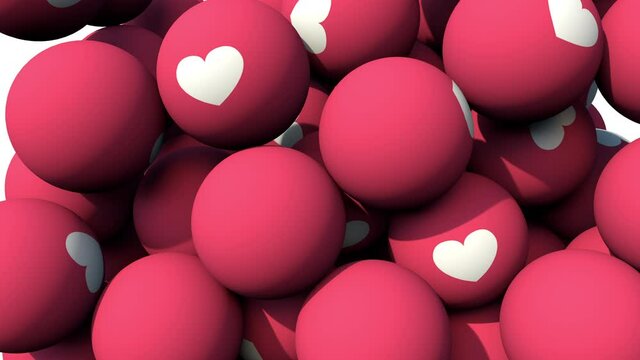 Social Media Heart balls falling and pilling up. Love 3D animation in 4K. Influencer valentine's day. 