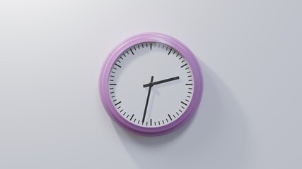 Glossy pink clock on a white wall at thirty-two past two. Time is 02:32 or 14:32