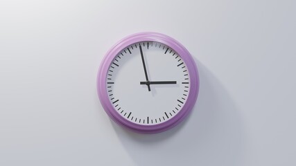 Glossy pink clock on a white wall at fifty-eight past two. Time is 02:58 or 14:58