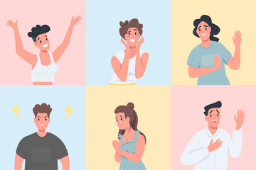 Obraz premium Different emotional expressions flat color vector faceless character set