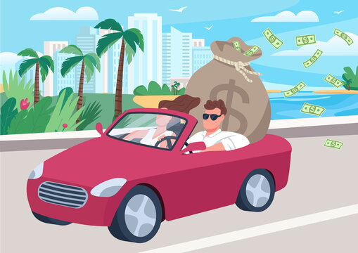 Successful man in car with money bag flat color vector illustration