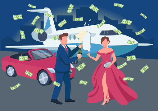 Wealthy couple opening champagne bottle flat color vector illustration - Powered by Adobe
