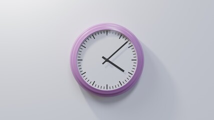 Glossy pink clock on a white wall at eight past four. Time is 04:08 or 16:08