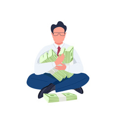 Man holding stacks of money flat color vector faceless character
