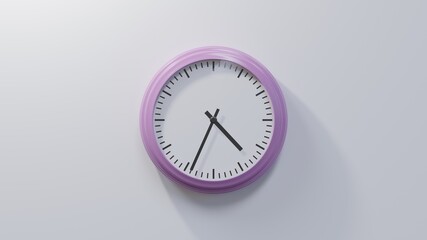 Glossy pink clock on a white wall at thirty-four past four. Time is 04:34 or 16:34