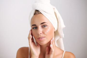 Cute girl, towel on head, beauty concept, skincare, spa, treatment