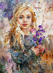 Plakat Cute little blonde hair girl holding a bluebells flowers in her hands. Created in the expressive manner. Palette knife technique of oil painting and brush. 