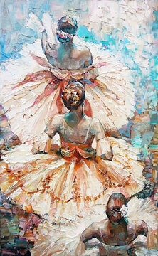 Ballerinas in luxurious cream-colored dresses during the performance on stage. Palette knife technique of oil painting and brush.