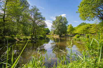 Beautiful small lake surrounded by green at Bremen Rhododendron Park