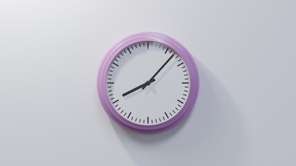 Glossy pink clock on a white wall at seven past eight. Time is 08:07 or 20:07