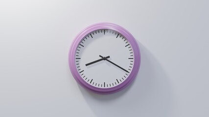 Glossy pink clock on a white wall at twenty past eight. Time is 08:20 or 20:20
