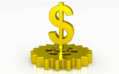 3D illustration of dollar and gears on white background. Growth concept 