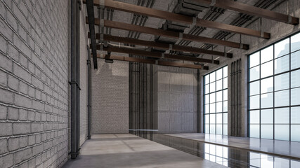 3D Interior Rendering Of Industrial Loft Space Illustration