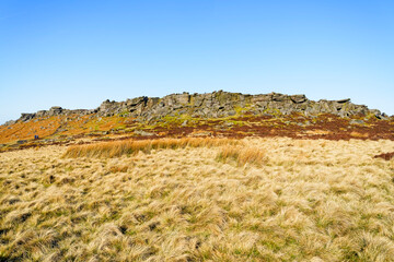 Stanage Edge on a bright, misty winter morning
