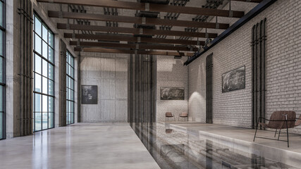 3D Interior Rendering Of Industrial Loft Space Illustration