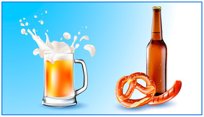 Vector Beer Glass, Barbeque Sausage, Bavarian pretzel.Oktoberfest beer festival.Label, sticker, logo, leaflet for sale of beer.