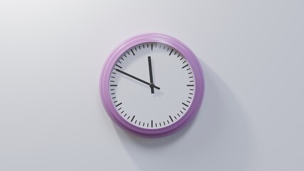 Glossy pink clock on a white wall at forty-nine past eleven. Time is 11:49 or 23:49