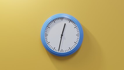 Glossy blue clock on a orange wall at thirty-two past twelve. Time is 00:32 or 12:32