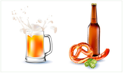 Vector Bottle of Beer. Bavarian pretzel.Oktoberfest beer festival. Label, sticker, logo, leaflet for sale of beer.