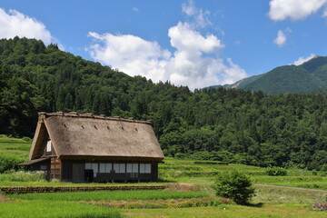 Fototapeta na wymiar 山間の水田地帯にある古い物置小屋