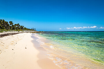 Tropical Xcacel beach on the Caribbean Sea coast. Marine turtles reserve. Beautiful tropical landscape, Quintana Roo, Mexico.