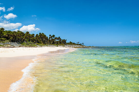 Tropical Xcacel beach on the Caribbean Sea coast. Marine turtles reserve. Beautiful tropical landscape, Quintana Roo, Mexico.