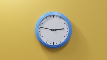 Glossy blue clock on a orange wall at forty-seven past two. Time is 02:47 or 14:47