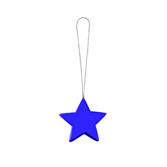 Blue star hanging on thread on white background isolated close up, Сhristmas tree decoration, colorful shiny star shaped bauble, traditional new year holiday decor design element, decorative xmas toy