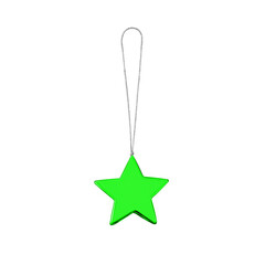 Green star hanging on thread on white background isolated close up, Сhristmas tree decoration, colorful shiny star shaped bauble, traditional new year holiday decor design element, decorative xmas toy