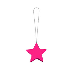 Pink star hanging on thread on white background isolated close up, Сhristmas tree decoration, red shiny star shaped bauble, traditional new year holiday decor design element, decorative xmas toy