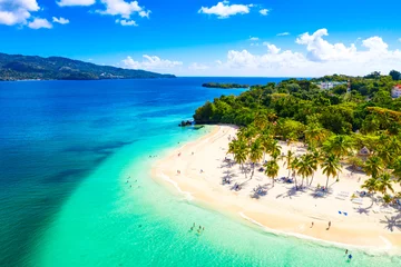 Fotobehang Aerial drone view of beautiful caribbean tropical island Cayo Levantado beach with palms. Bacardi Island, Dominican Republic. Vacation background. © Nikolay N. Antonov