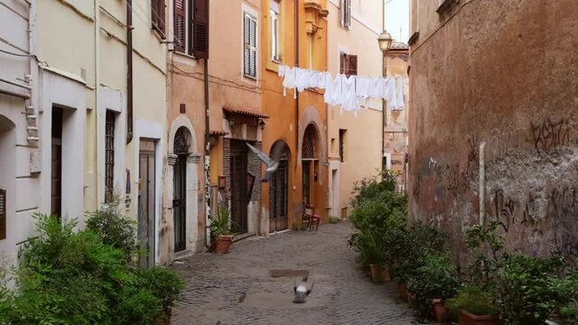 Cozy narrow street with drying laundry in Trastevere district of Rome, Italy