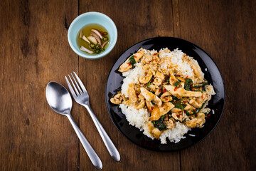 Spicy Fried basil leaf with chicken and rice