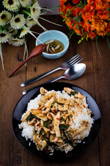 Spicy Fried basil leaf with chicken and rice