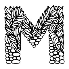 Hand of dawn vector letter M isolated on white background. English alphabet capital letters with a pattern of plants and stones. Beautiful natural illustration. Typographic Template. Eps 8.