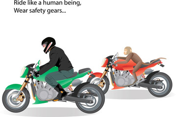 Vector illustration of human riding two wheeler with safety gears vs a monkey