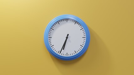 Glossy blue clock on a orange wall at thirty-four past six. Time is 06:34 or 18:34