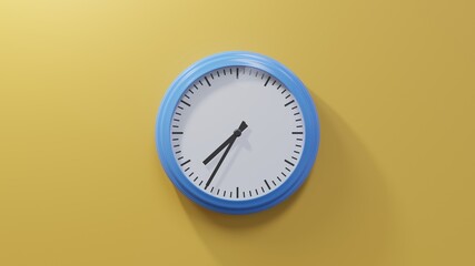 Glossy blue clock on a orange wall at thirty-five past seven. Time is 07:35 or 19:35