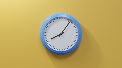 Glossy blue clock on a orange wall at six past eight. Time is 08:06 or 20:06