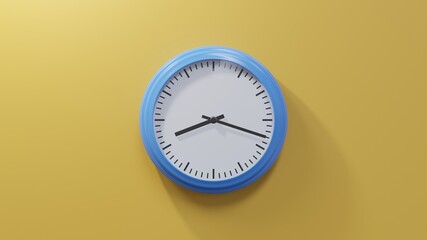 Glossy blue clock on a orange wall at eighteen past eight. Time is 08:18 or 20:18