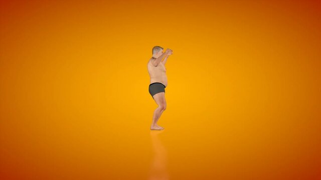 Fat man doing a silly chicken dance, side view seamless loop, orange studio