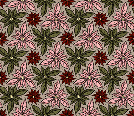 Geometric floral seamless vector pattern, Flowers and leaves botanical garden background texture.